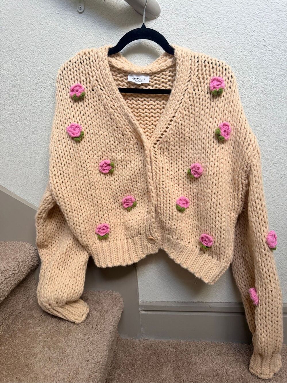 ee:some Pink Rose Floral Knit Cardigan Sweater Size Large Button Up Cute Cozy